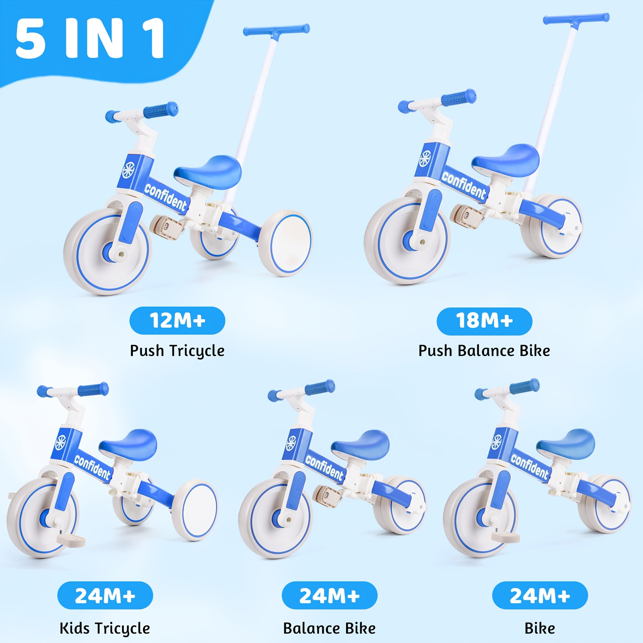 5in 1 Toddler Balance Bike for 2+ Years Old Kids, Toddler Tricycles Kids Trike with Removable Pedals And Steering Push Handle, Christmas & Birthday Gift for Boy & Girl