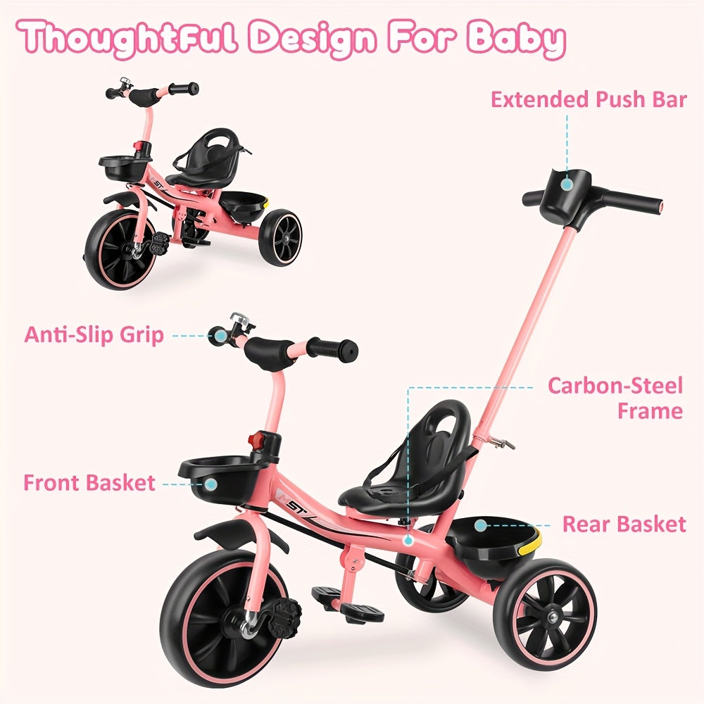 Three-Wheeled Bikes for Toddlers Aged Three, Perfect As a Birthday Present And Plaything for Both Boys And Girls. This Tricycle Features a Parent Push Handle, a Backrest, And a Safety Belt, Available in Pink, Ideal for Day