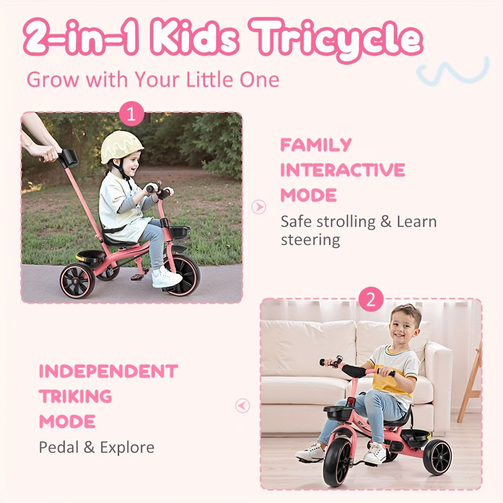 Three-Wheeled Bikes for Toddlers Aged Three, Perfect As a Birthday Present And Plaything for Both Boys And Girls. This Tricycle Features a Parent Push Handle, a Backrest, And a Safety Belt, Available in Pink, Ideal for Day