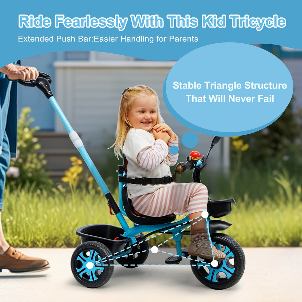 Children's Tricycle, Adjustable Push Handle, Reinforced Frame, Children's Gift