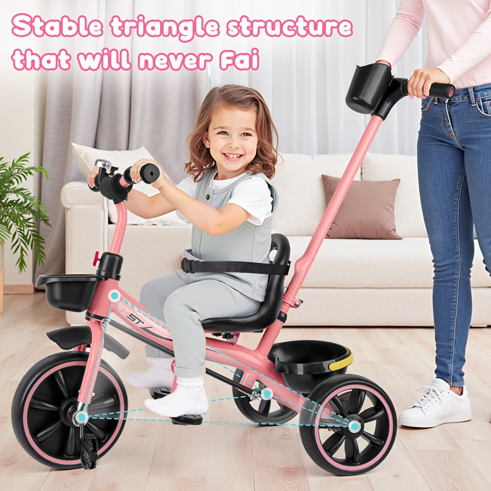 Three-Wheeled Bikes for Toddlers Aged Three, Perfect As a Birthday Present And Plaything for Both Boys And Girls. This Tricycle Features a Parent Push Handle, a Backrest, And a Safety Belt, Available in Pink, Ideal for Day