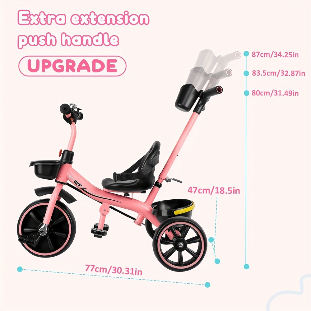 Three-Wheeled Bikes for Toddlers Aged Three, Perfect As a Birthday Present And Plaything for Both Boys And Girls. This Tricycle Features a Parent Push Handle, a Backrest, And a Safety Belt, Available in Pink, Ideal for Day