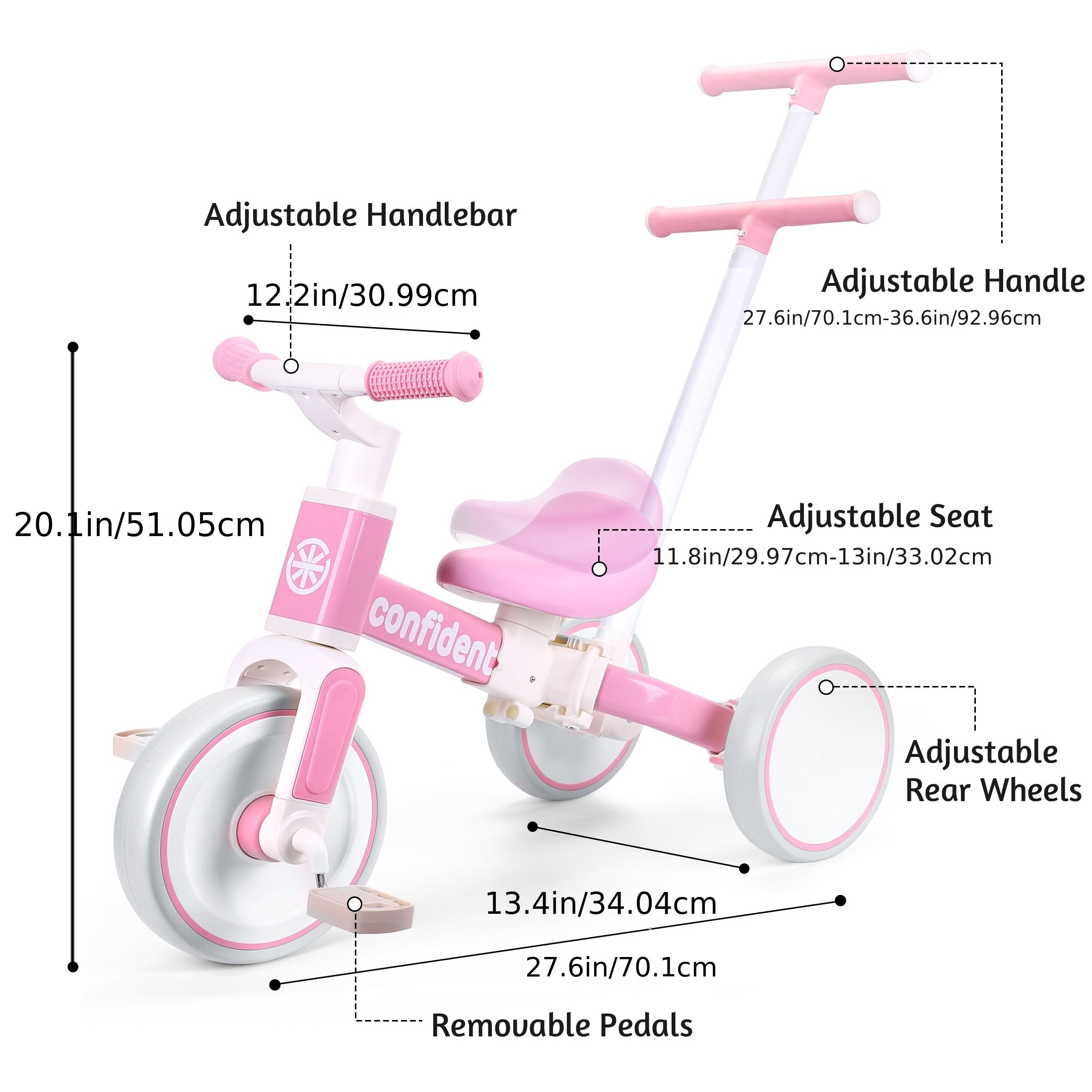 5in 1 Toddler Balance Bike for 2 Years Old Kids, Toddler Tricycles Kids Trike with Removable Pedals And Steering Push Handle, Christmas & Birthday Gift for Boy & Girl, Pink