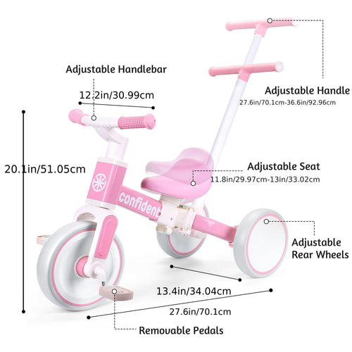 5in 1 Toddler Balance Bike for 2 Years Old Kids, Toddler Tricycles Kids Trike with Removable Pedals And Steering Push Handle, Christmas & Birthday Gift for Boy & Girl, Pink