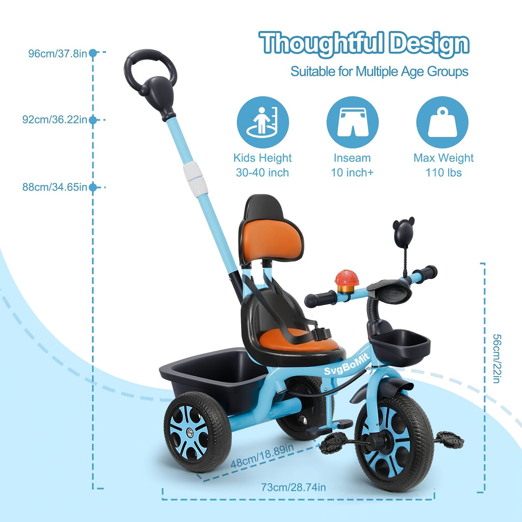 Children's Tricycle, Adjustable Push Handle, Reinforced Frame, Children's Gift