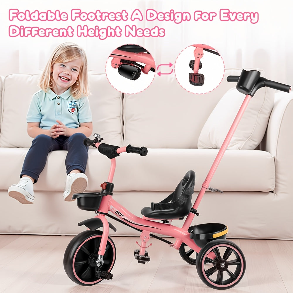 Three-Wheeled Bikes for Toddlers Aged Three, Perfect As a Birthday Present And Plaything for Both Boys And Girls. This Tricycle Features a Parent Push Handle, a Backrest, And a Safety Belt, Available in Pink, Ideal for Day