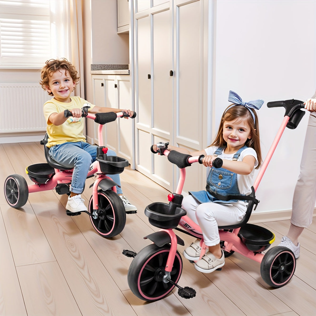 Three-Wheeled Bikes for Toddlers Aged Three, Perfect As a Birthday Present And Plaything for Both Boys And Girls. This Tricycle Features a Parent Push Handle, a Backrest, And a Safety Belt, Available in Pink, Ideal for Day