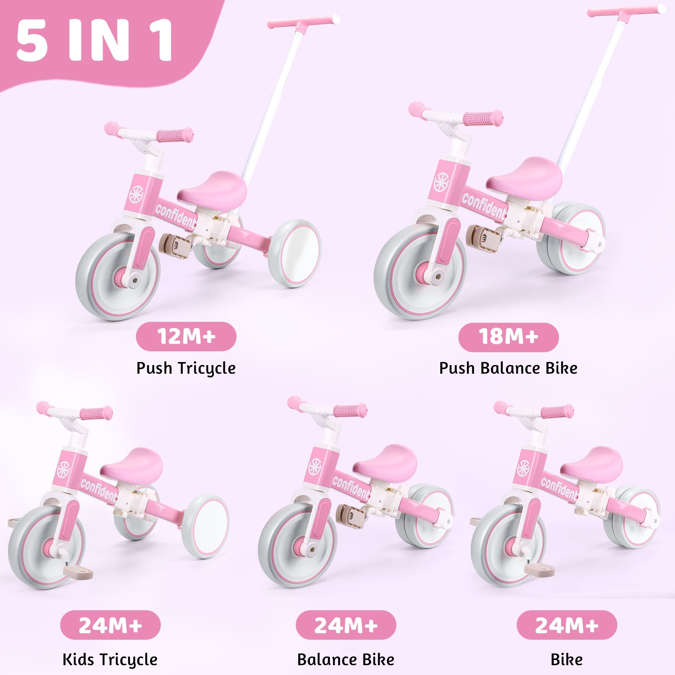 5in 1 Toddler Balance Bike for 2 Years Old Kids, Toddler Tricycles Kids Trike with Removable Pedals And Steering Push Handle, Christmas & Birthday Gift for Boy & Girl, Pink